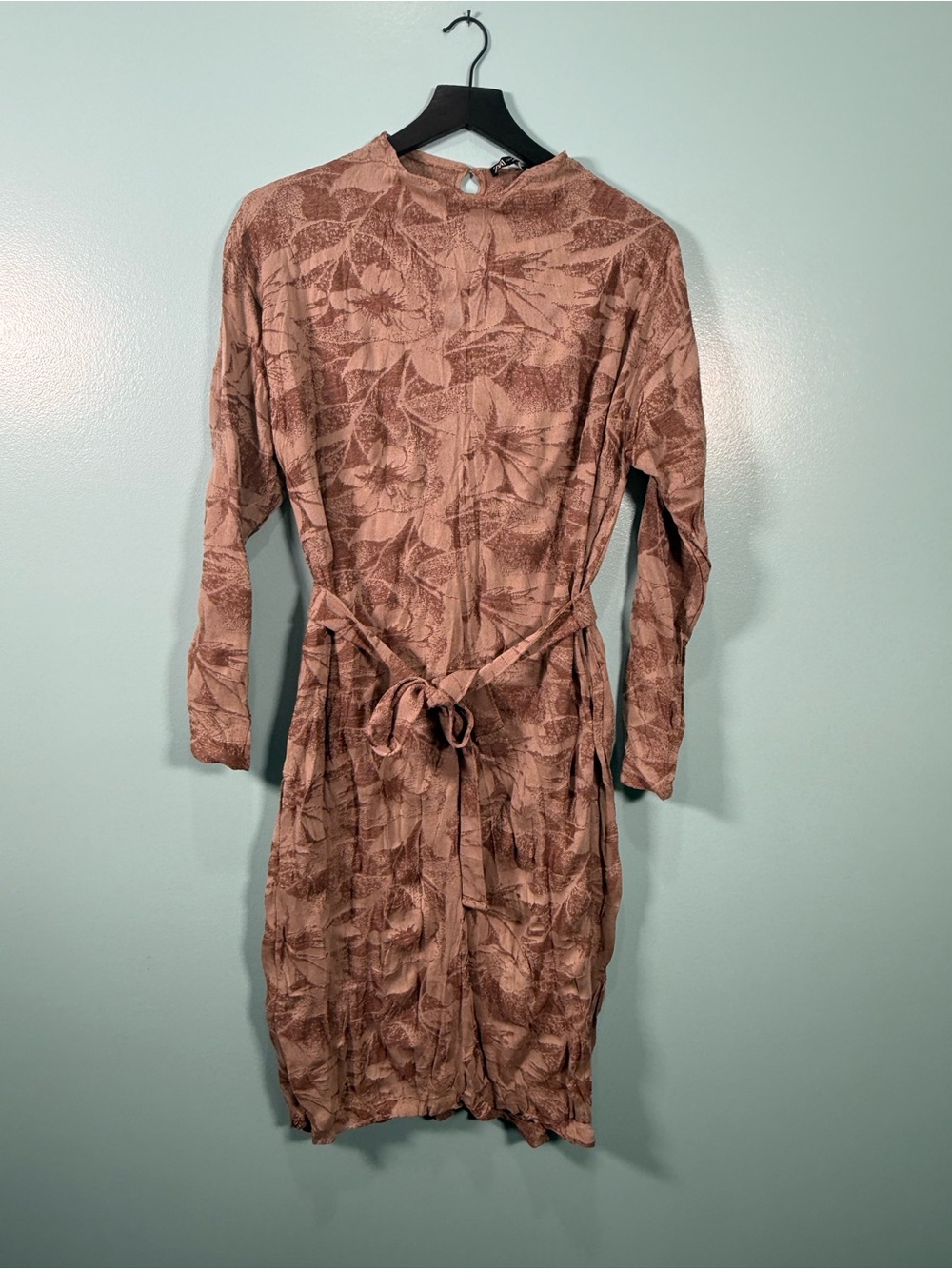 Zara Dusty Rose Floral Long Sleeve Tie-Waist Dress